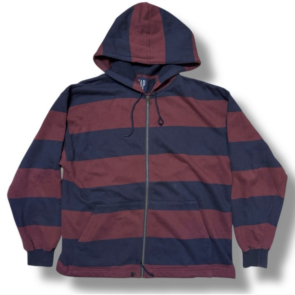 GAP Rugby Stripe Zip Front Hooded French Terry Jacket Navy & Maroon